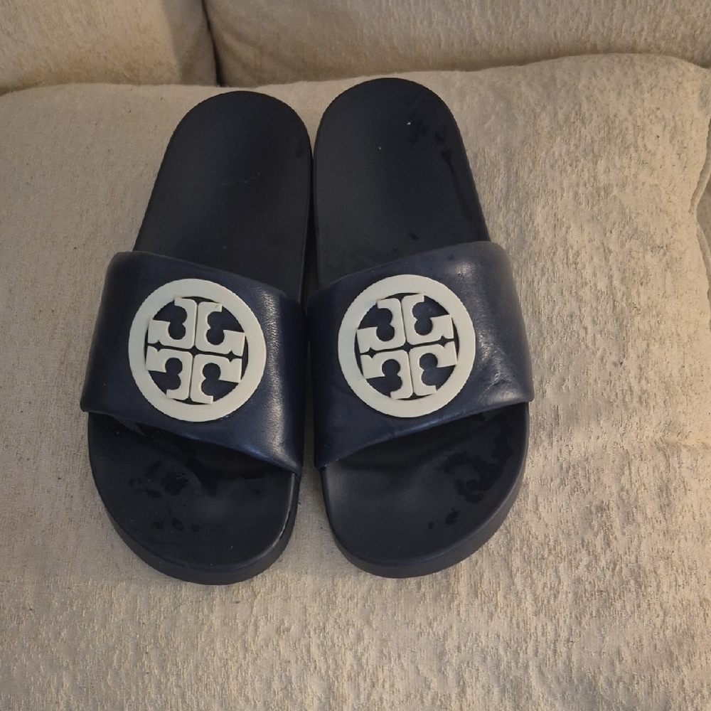 Tory Burch Navy Slides with White Logo